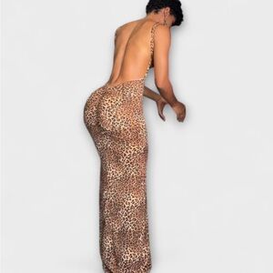 Sleeveless Leopard-Print Maxi Dress in Brown/Beige